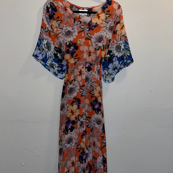 Johnny Was Jade Dress Size L Deepika Tie Front Orange Midi Floral Silky Dress - Picture 2 of 12